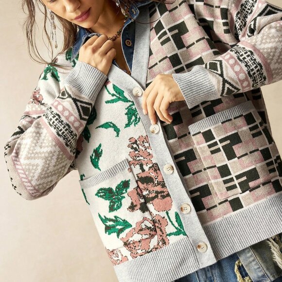 Multicolor Boho Casual Women's Floral Patchwork Cardigan - Picture 6 of 10